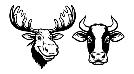 Moose and cow head illustration