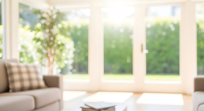 Bright Blurred Living Room Interior with Sunny Garden View