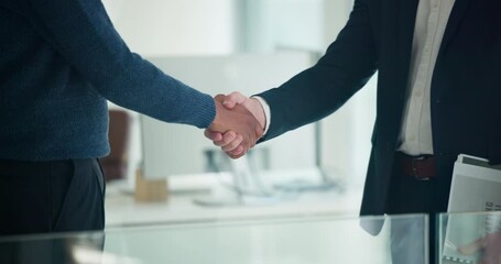 Business people, handshake and welcome in office with finance report, budget review or partnership. Accountant, meeting and shaking hands with deal, financial audit and company performance evaluation - Powered by Adobe