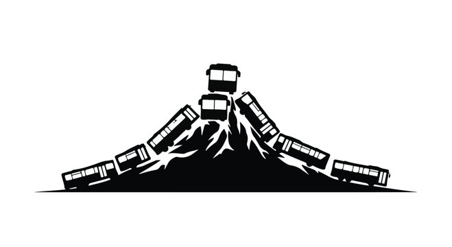 Creative illustration of buses climbing a mountain peak, symbolizing ambition and journey
