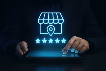 Person using tablet with glowing store icon and five star rating for online business review shop location