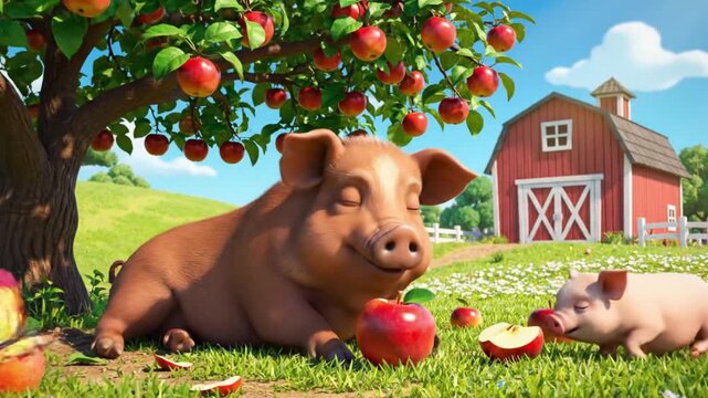 A cute cartoon pig eating fresh apples under a tree. Fun and colorful design ideal for kids&rsquo; educational farm content.