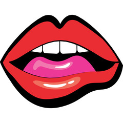 Graphic illustration of red lips with pink tongue and white teeth open in a playful expression against a transparent background detailed pop art style