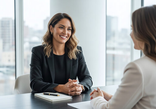 Two women in a business meeting, one interviewing the other in a modern office