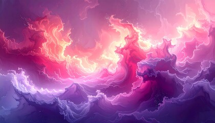 An abstract image showcases dynamic clouds, blending vibrant purples, pinks, and oranges, evoking a celestial or fiery atmosphere