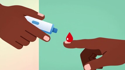 Animated illustration of multiple hands with dark skin tones performing a blood test using a lancing device, promoting inclusive healthcare.