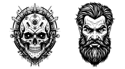 Skull cyberpunk and bearded man illustrations