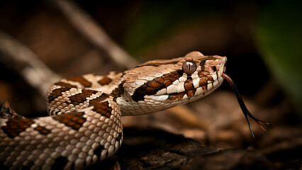 Obraz premium Macro Close-Up of Venomous Snake in Subtropical Jungle: Detailed Photography of Colorful Wildlife and Camouflaged Reptile with Fangs and Scaly Patterns in a Mystical Natural Habitat