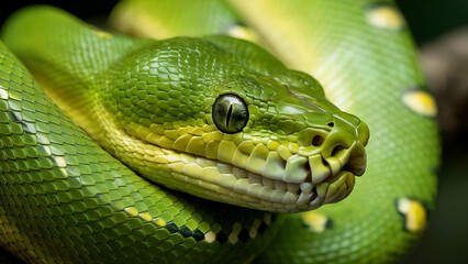 Obraz premium Close-Up Macro Photography of a Green Snake in its Jungle Habitat: Highlighting the Colorful Scales and Biodiversity of this Exotic Serpent Species