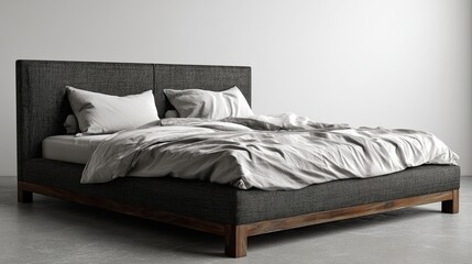 Modern bed with a fabric headboard and rumpled bedding