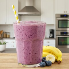 Banana blueberry smoothie in glass with straw on kitchen counter, healthy breakfast drink, vegan superfood shake, clean eating, antioxidant-rich beverage, home nutrition, wellness and fitness concept