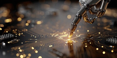 Robotic hand points at a glowing circuit board