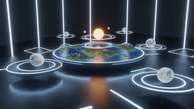 A conceptual 3D rendering of a flat earth model with celestial bodies orbiting around it, illuminated by neon lights.