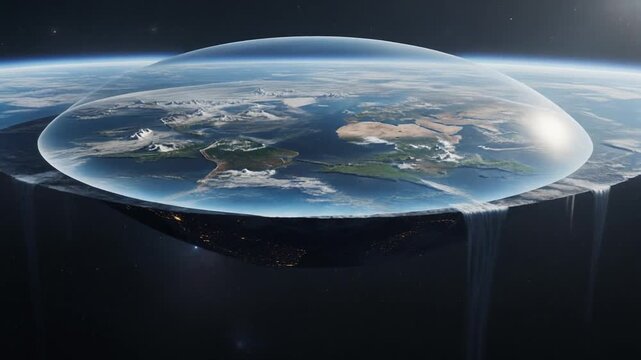 A conceptual digital rendering of a flat Earth model with a transparent dome covering its surface, surrounded by the vastness of space.