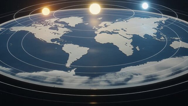 An illustrative representation of a flat Earth model with continents and three celestial bodies orbiting above it, surrounded by clouds.