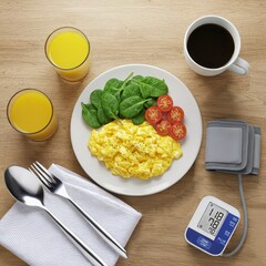 Nutritious breakfast of scrambled eggs, spinach, and tomatoes with juice and coffee, alongside a digital blood pressure monitor on table.