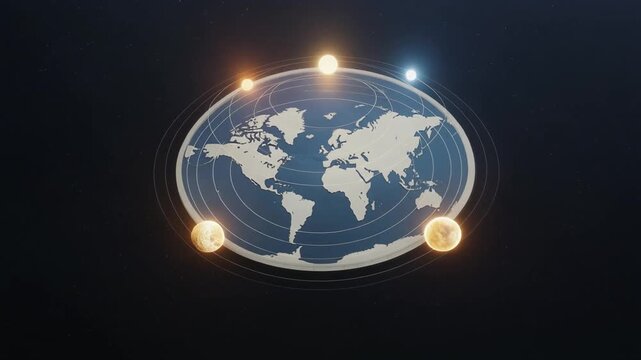 A stylized 3D rendering of a flat earth map with glowing celestial bodies orbiting it against a dark background.