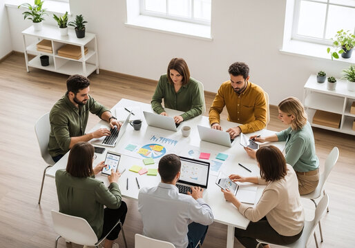 Diverse group of people collaborating around a table in a modern office setting, discussing project