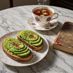Cozy breakfast scene featuring avocado toast with chili flakes, floral herbal tea in a porcelain cup, and an old book on marble table.