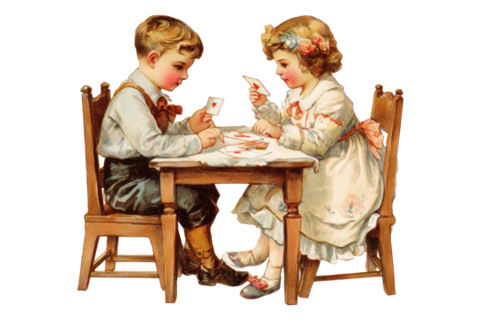 children exchanging valentines day cards vintage illustration isolated on a transparent background