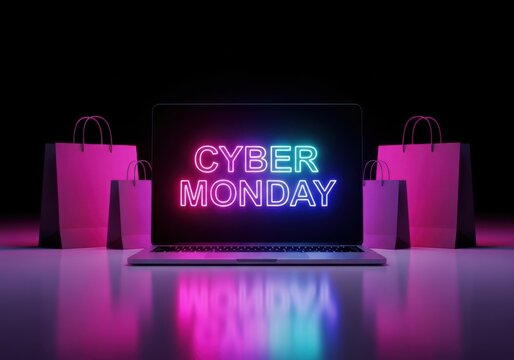 Laptop displaying cyber monday neon sign with shopping bags on the sides