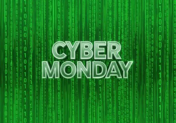 Cyber monday text with binary code on green background for online sale