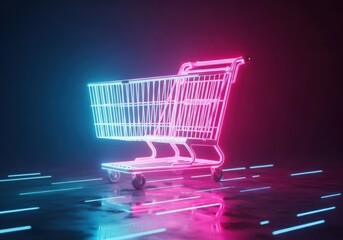 Neon shopping cart on a dark background with pink and blue lights