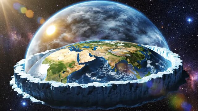 Photorealistic 3D render of a flat Earth theory concept, encased in an ice dome and surrounded by stars in outer space.