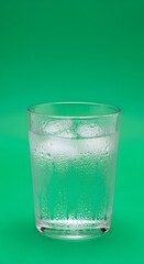 A clear glass filled with sparkling water and bubbles against a vibrant green background, creating a refreshing and clean visual impression
