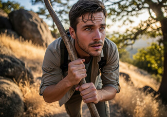 Determined young man hiking through sunlit dry grassland gripping stick focused on climbing rocky mountain trail outdoors in summer adventure exploration