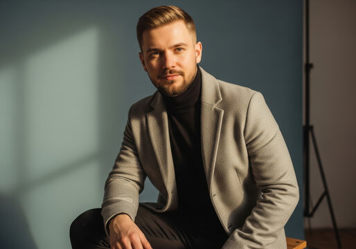 Confident young man poses seated in light gray blazer and black turtleneck with calm expression, stylish modern appearance in sunlit minimalist studio interior