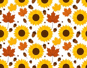 Repeated pattern of sunflowers, leaves, and acorns on white