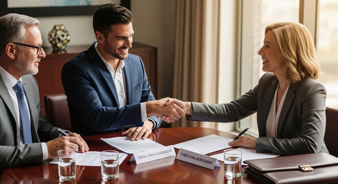 Three business people in a meeting shaking hands over a contract on a wooden table - Powered by Adobe