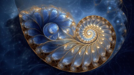 Obraz premium 青と金色に輝く複雑なフラクタルパターンで構成された神秘的な螺旋の抽象構造 | Abstract spiral structure composed of intricate fractal patterns glowing in blue and gold
