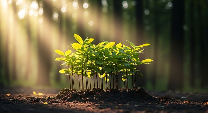 A cluster of vibrant green seedlings sprouting from rich soil in a sunlit forest, symbolizing hope, growth, and new beginnings