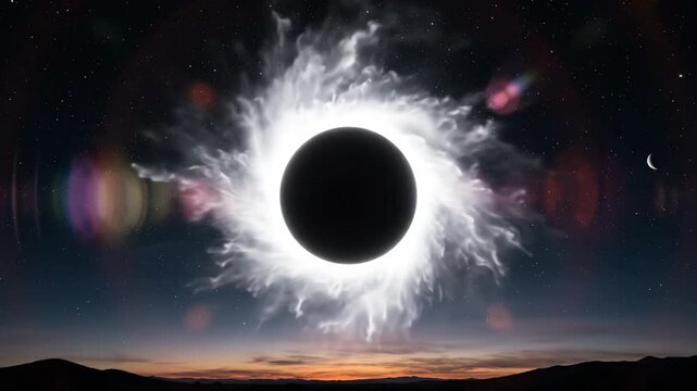 A total solar eclipse dominates the night sky over a landscape with a white corona and visible stars
