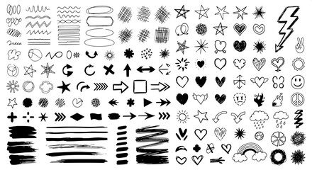 A diverse collection of hand-drawn doodle elements with scribbles, arrows, hearts, stars, and abstract shapes isolated on a white background