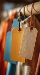 Close-up of clothes on a rack with hanging tags