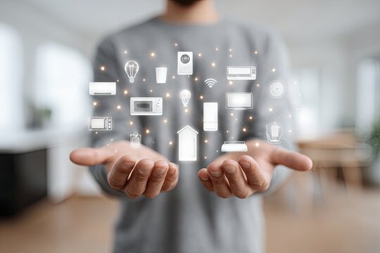 Hands presenting a network of smart home device icons with glowing connections