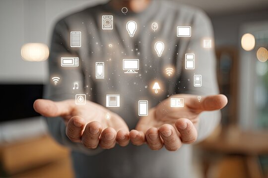Man's hands hold glowing smart home and IoT device icons in a blurred interior