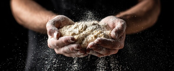 A close-up of a person's hands holding raw dough, with flour sprinkling