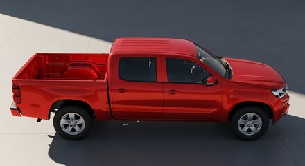 Sleek red pickup truck with a four-door crew cab, captured from an elevated side angle against a minimalist surface