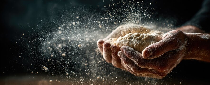 Close-up of hands holding fresh dough, with flour scattering dramatically
