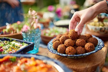 Hand picking a fried ball from a platter of food on an outdoor table at a gathering