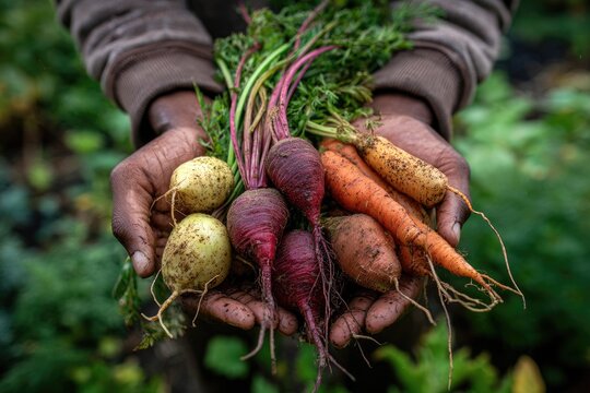 Dark hands hold a fresh harvest of colorful carrots, radishes, and beets from a garden