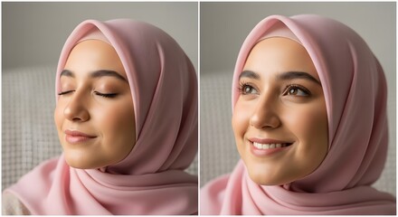 A close-up portrait of a young woman wearing a soft pink hijab with a gentle smile and serene expression, showcasing natural beauty and calmness in a well-lit setting