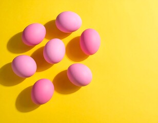 Seven pink eggs cast shadows on a vibrant yellow surface