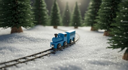 Toy Train Journey Snowy Winter Scene with Miniature Blue Train