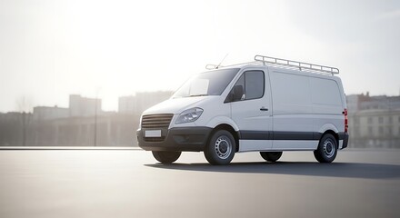 White commercial cargo van with a roof rack, parked on asphalt in a bright urban setting, ready for business deliveries and logistics operations