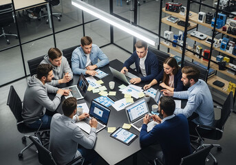 Diverse team of professionals collaborating around a table in a modern office setting
